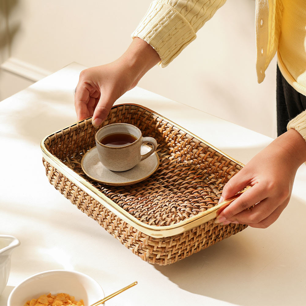 Opal Rattan & Brass Rectangular Decorative Tray Medium - Natural Gold