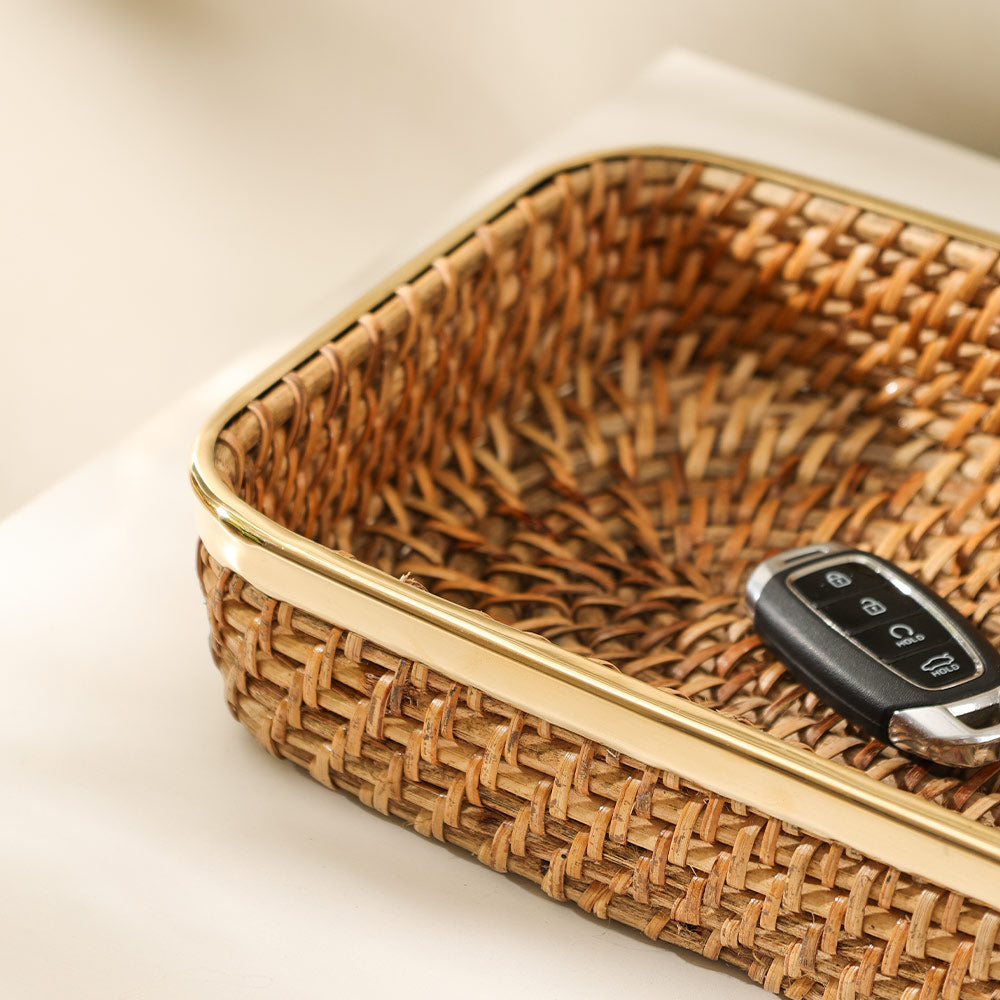 Opal Rattan & Brass Rectangular Decorative Tray Medium - Natural Gold