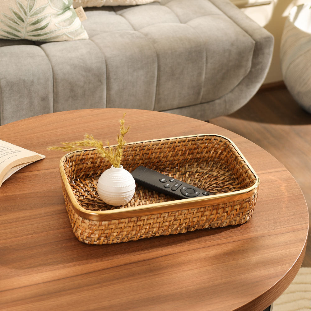Opal Rattan & Brass Rectangular Decorative Tray Medium - Natural Gold
