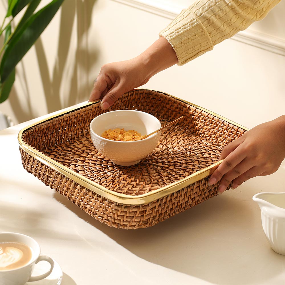 Opal Rattan & Brass Square Decorative Tray Large - Natural Gold