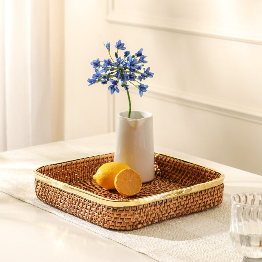 Opal Rattan & Brass Square Decorative Tray Large - Natural Gold