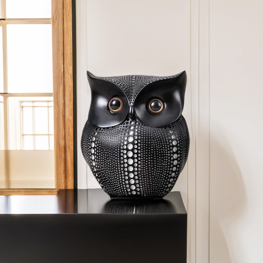Owl Resin Sculpture - Polka Black