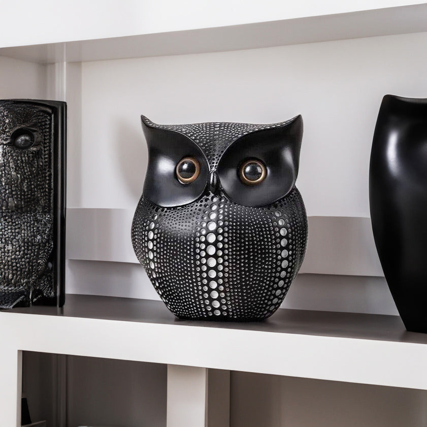 Owl Resin Sculpture - Polka Black