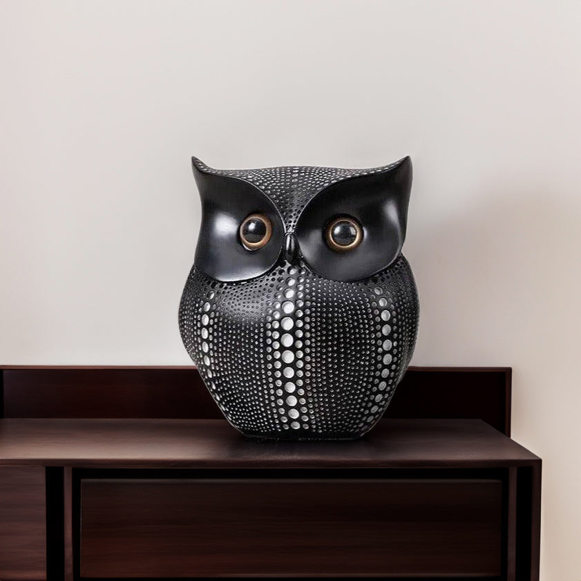 Owl Resin Sculpture - Polka Black