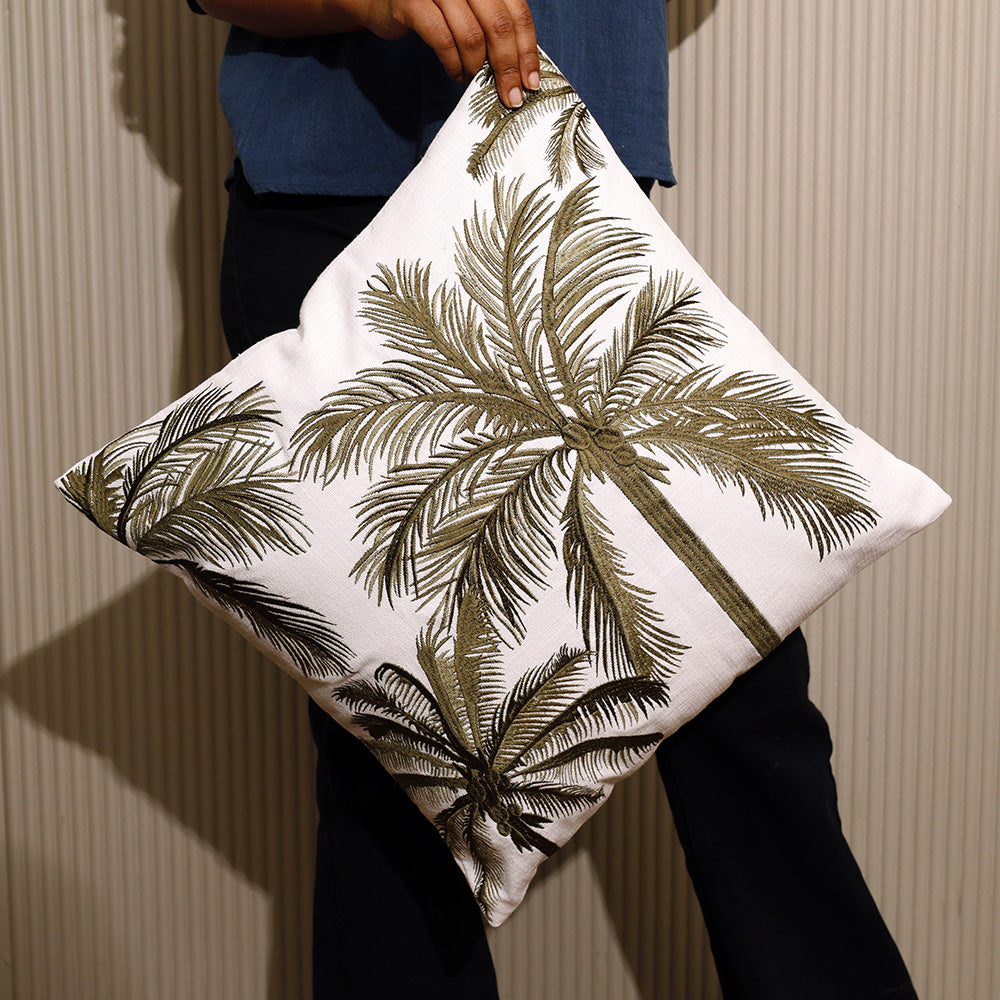 King Palm Embroidered Cushion Cover 45x45cm - Green White