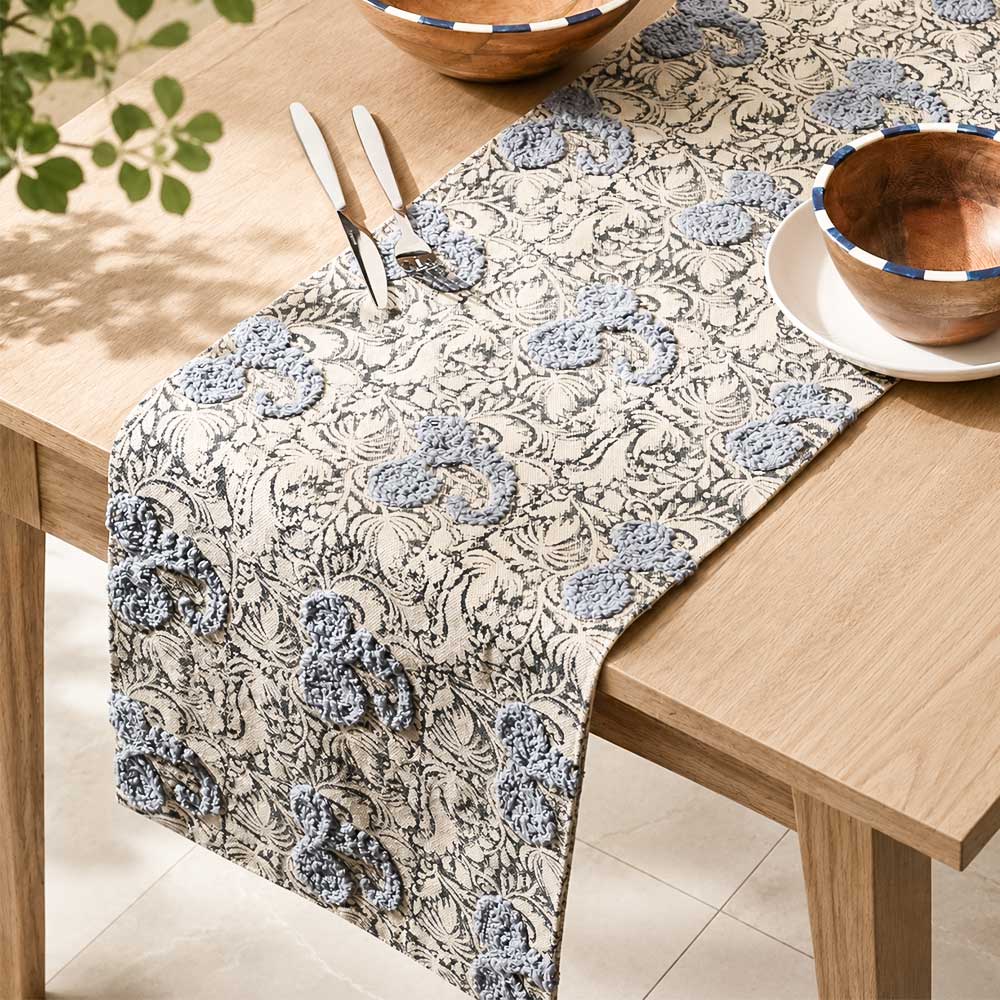 Paisley Embroidered & Printed Table Runner - Blue Black