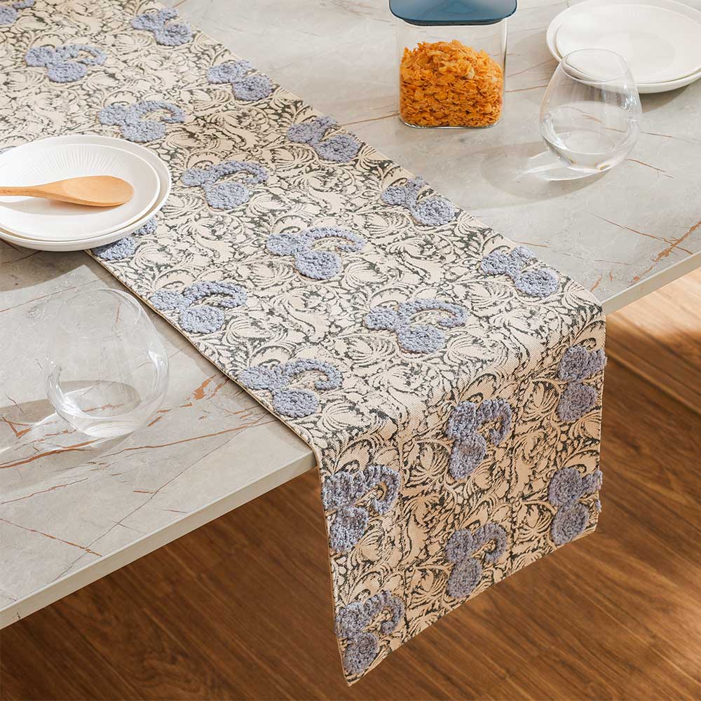 Paisley Embroidered & Printed Table Runner - Blue Black