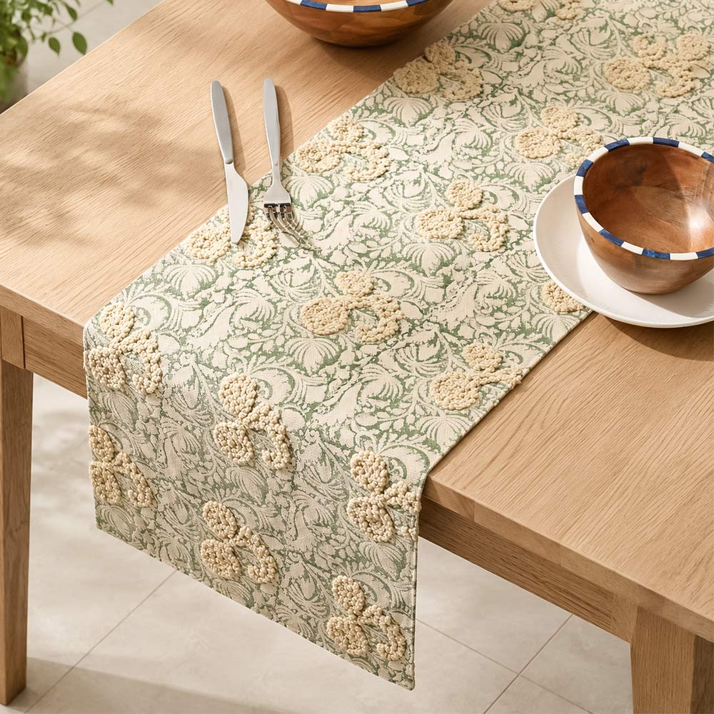 Paisley Embroidered & Printed Table Runner - Yellow Green