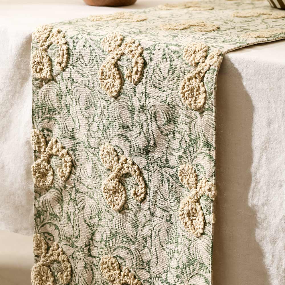 Paisley Embroidered & Printed Table Runner - Yellow Green