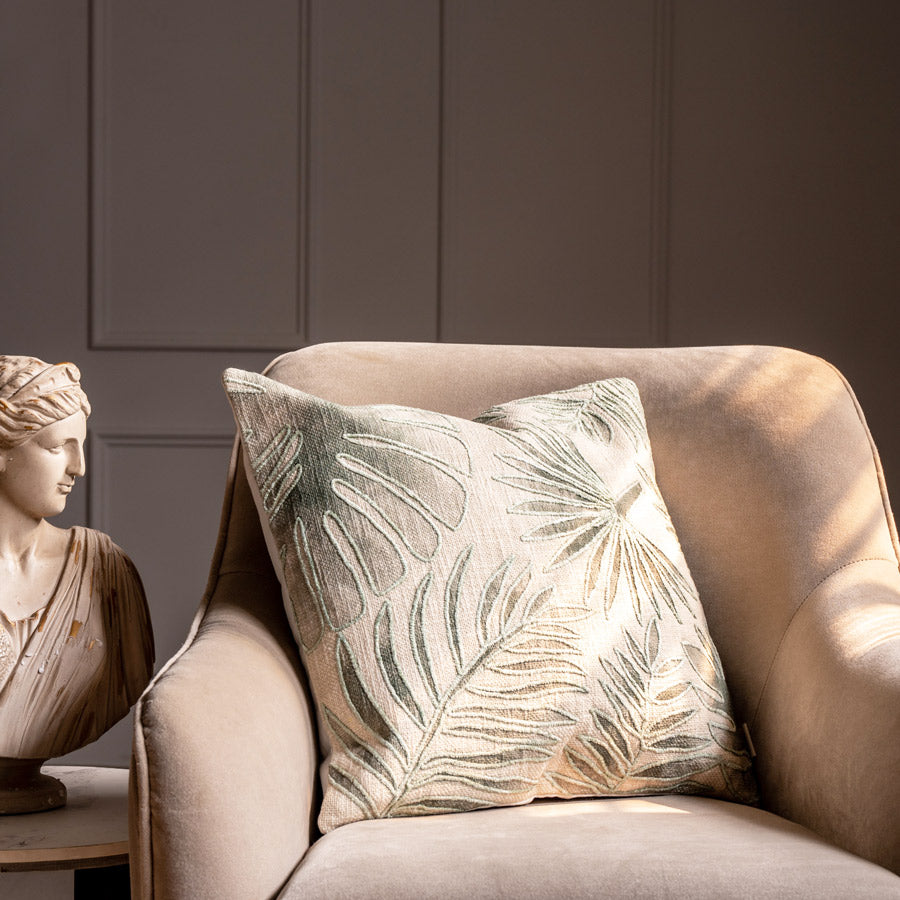 Palm Embroidered Cushion Cover 45x45cm - Green Beige