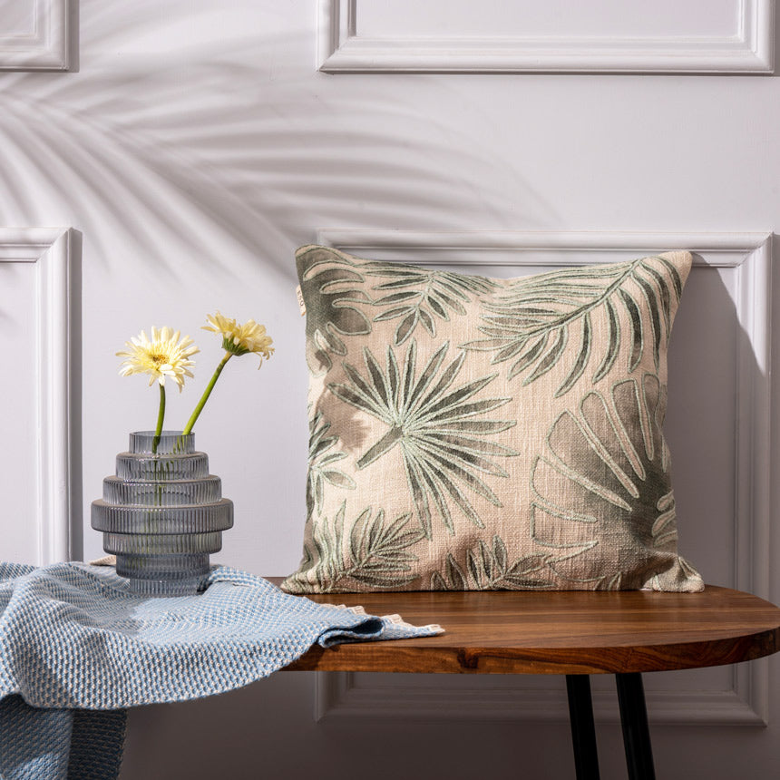 Palm Embroidered Cushion Cover 45x45cm - Green Beige