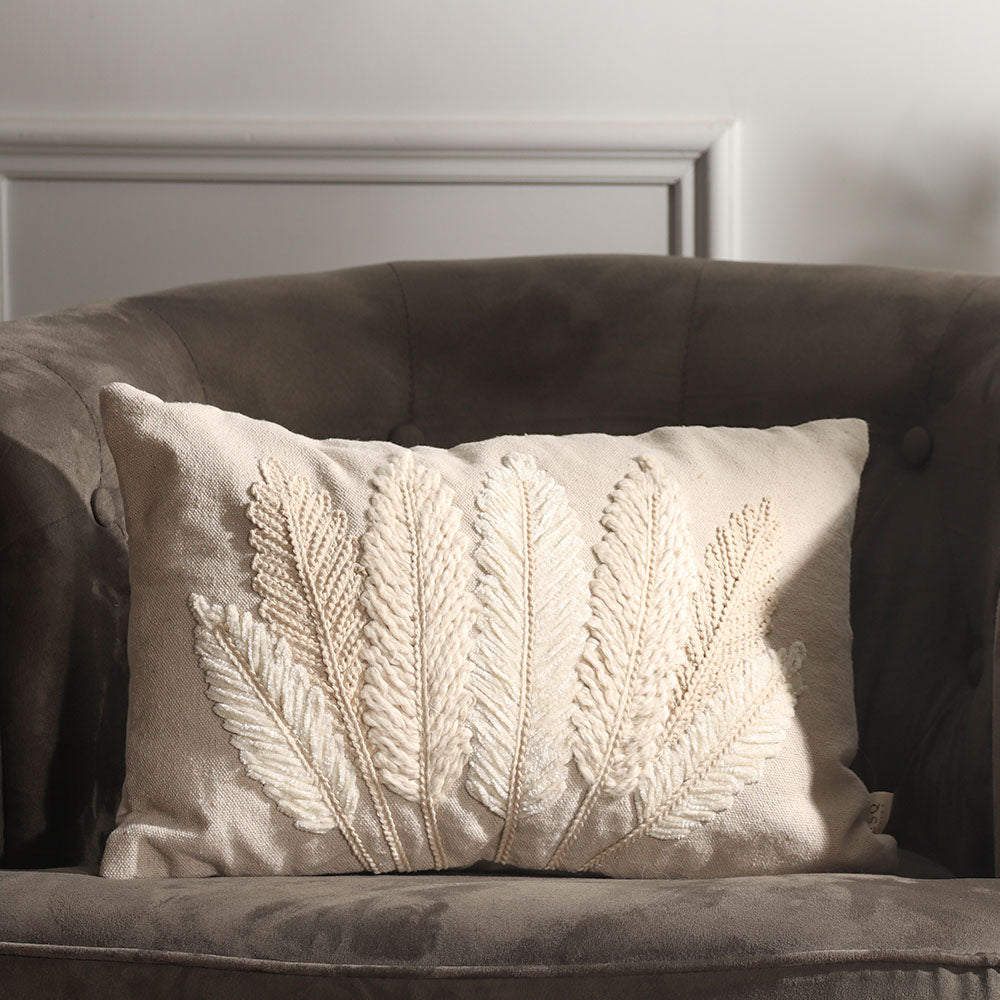 Leaves Embroidered Rectangular Cotton Cushion Cover 30x50cm - White
