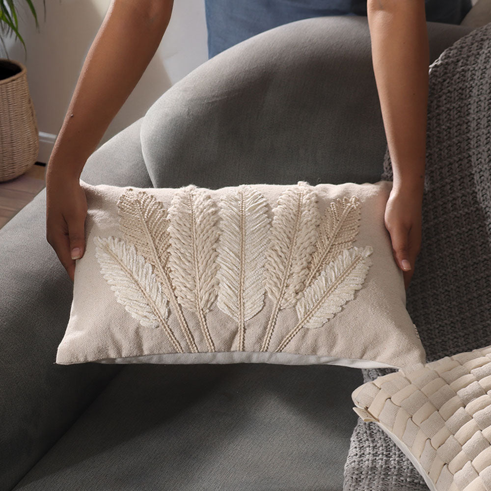 Leaves Embroidered Rectangular Cotton Cushion Cover 30x50cm - White