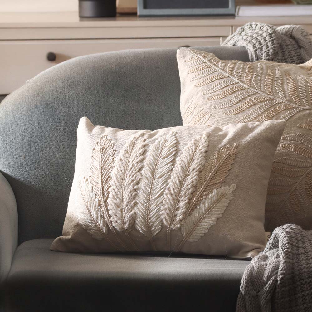 Leaves Embroidered Rectangular Cotton Cushion Cover 30x50cm - White