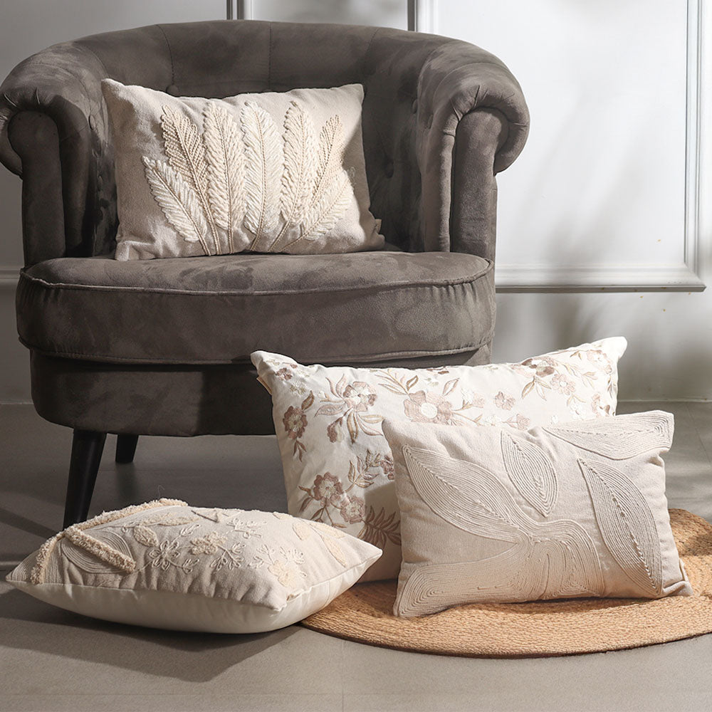 Leaves Embroidered Rectangular Cotton Cushion Cover 30x50cm - White