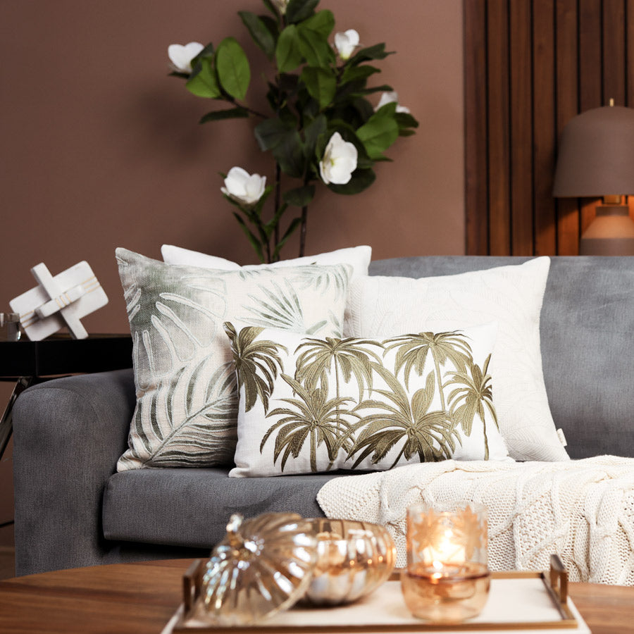 Palm Embroidered Rectangular Cushion Cover 30x50cm - Green White