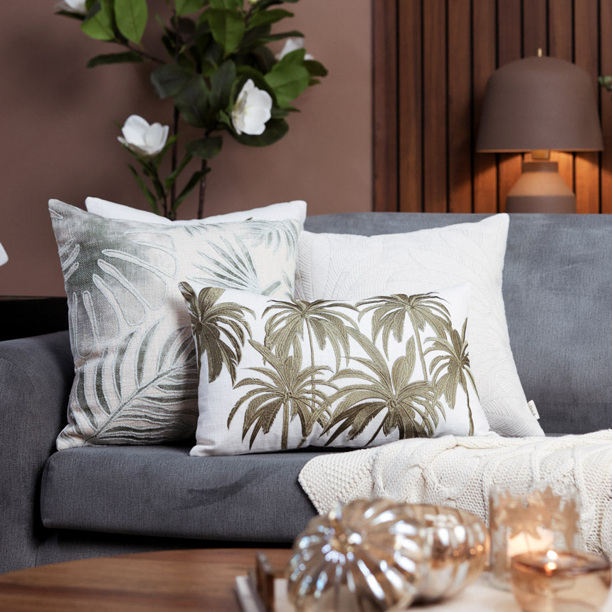 Palm Embroidered Rectangular Cushion Cover 30x50cm - Green White