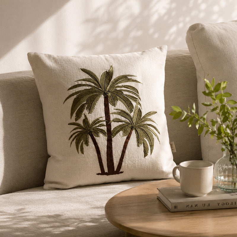 Palm Island Embroidered Cushion Cover 45x45cm - Green Brown