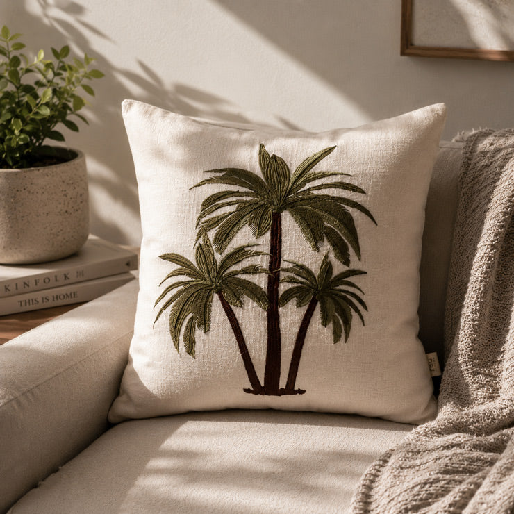 Palm Island Embroidered Cushion Cover 45x45cm - Green Brown
