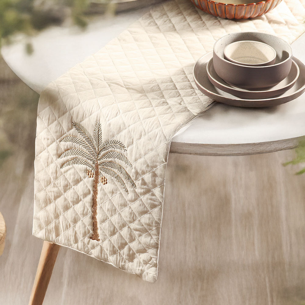 Palm Quilted Table Runner - Off White