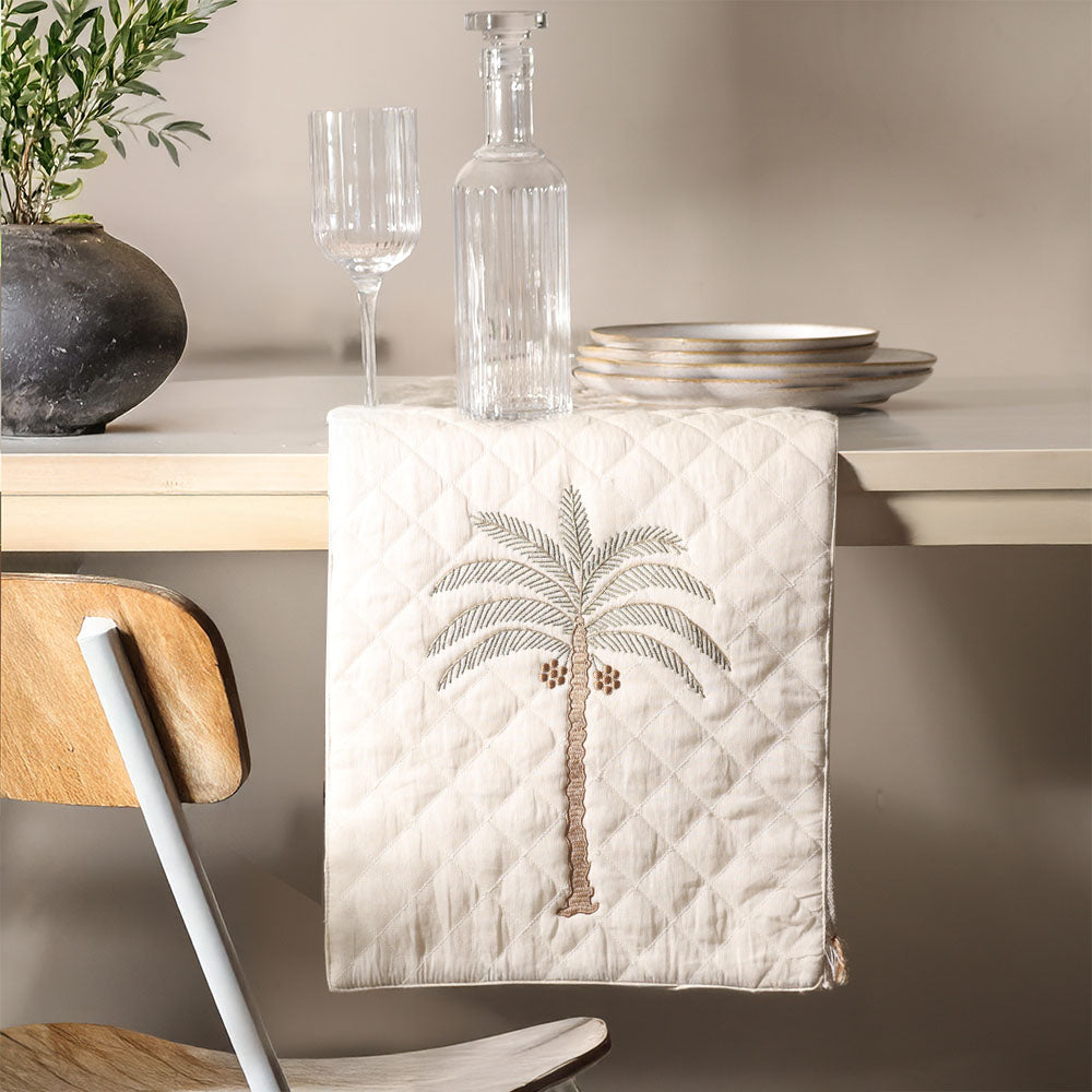 Palm Quilted Table Runner - Off White