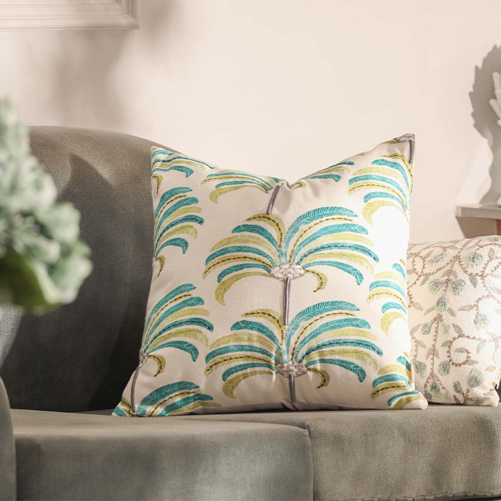 Palmette Printed & Embroidered Cotton Cushion Cover 45x45cm - Blue Green