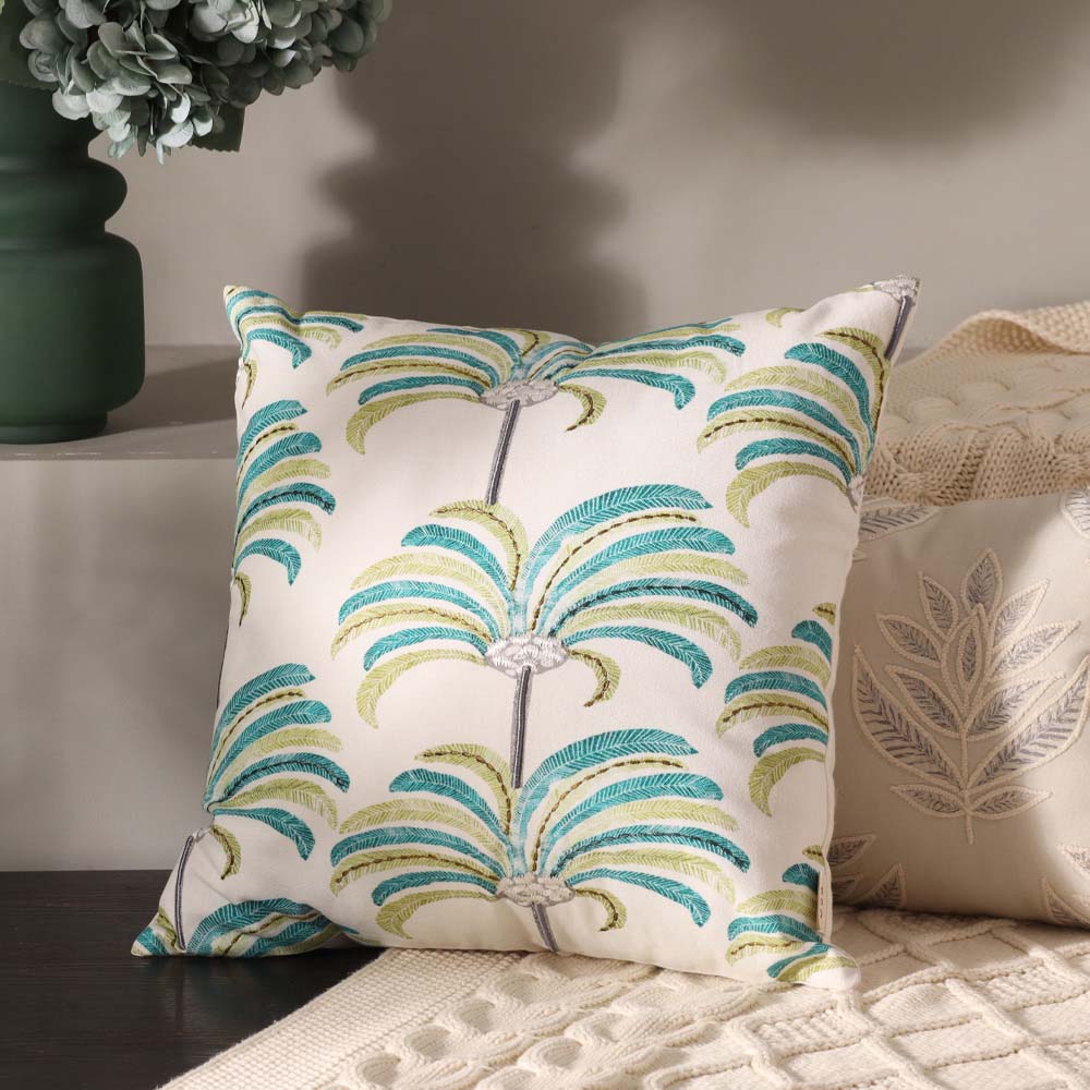 Palmette Printed & Embroidered Cotton Cushion Cover 45x45cm - Blue Green