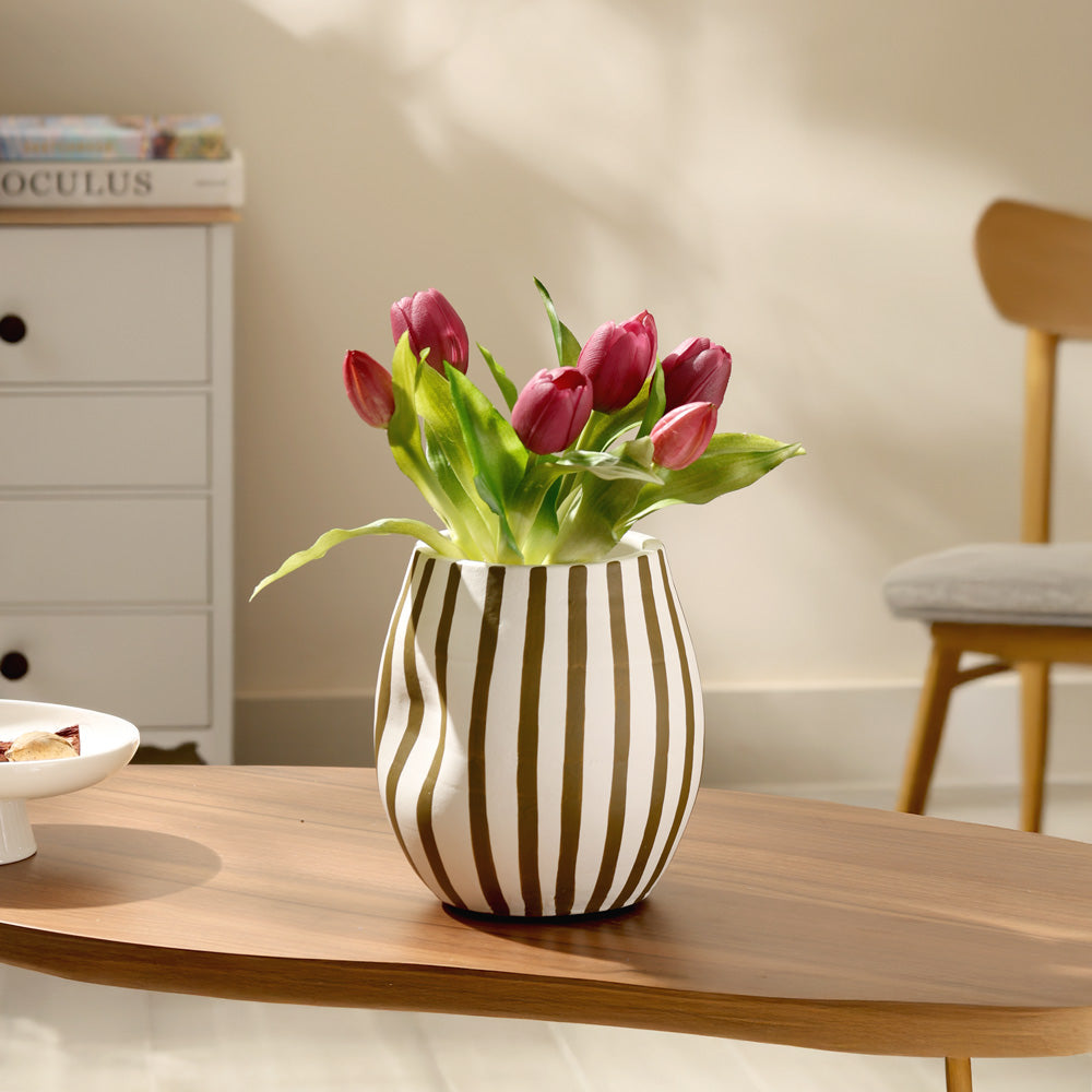 Palo Striped Vase Short - Olive Cream