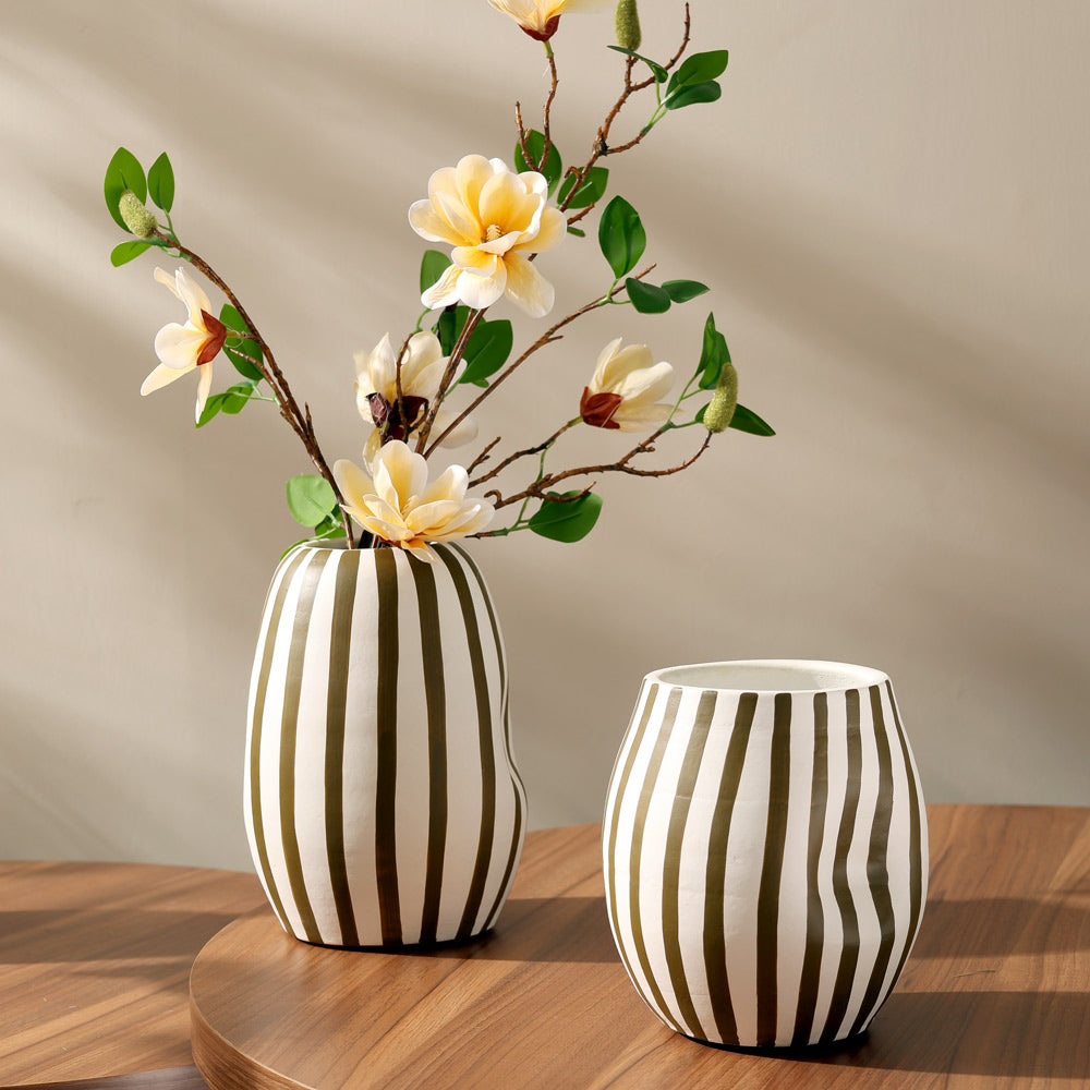 Palo Striped Vase Short - Olive Cream
