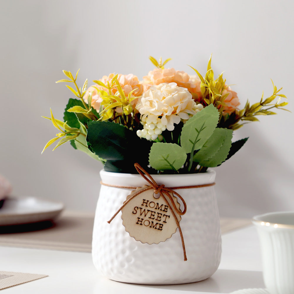 Pebbled Ceramic Planter with Faux Flowers - Peach Hydrangeas