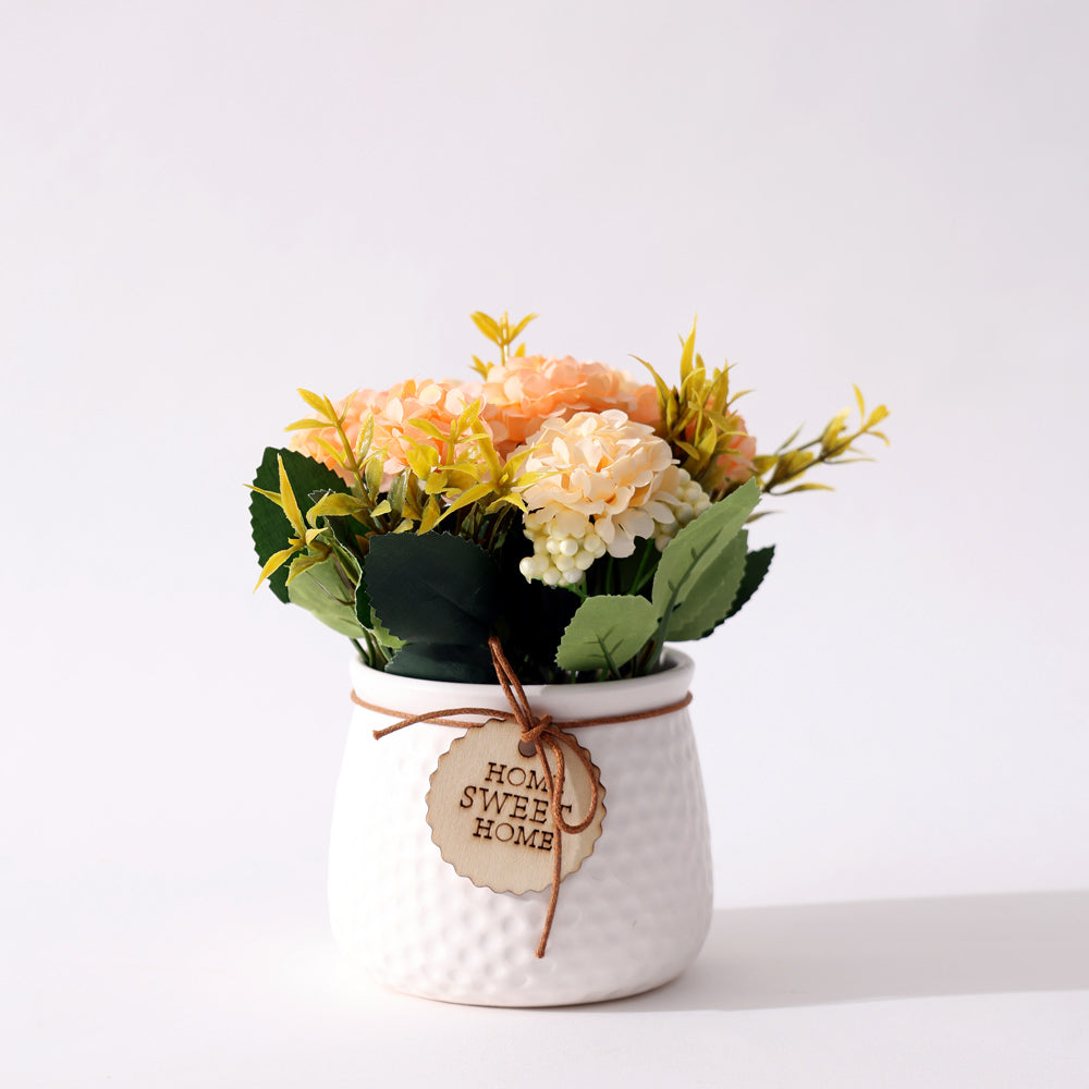 Pebbled Ceramic Planter with Faux Flowers - Peach Hydrangeas