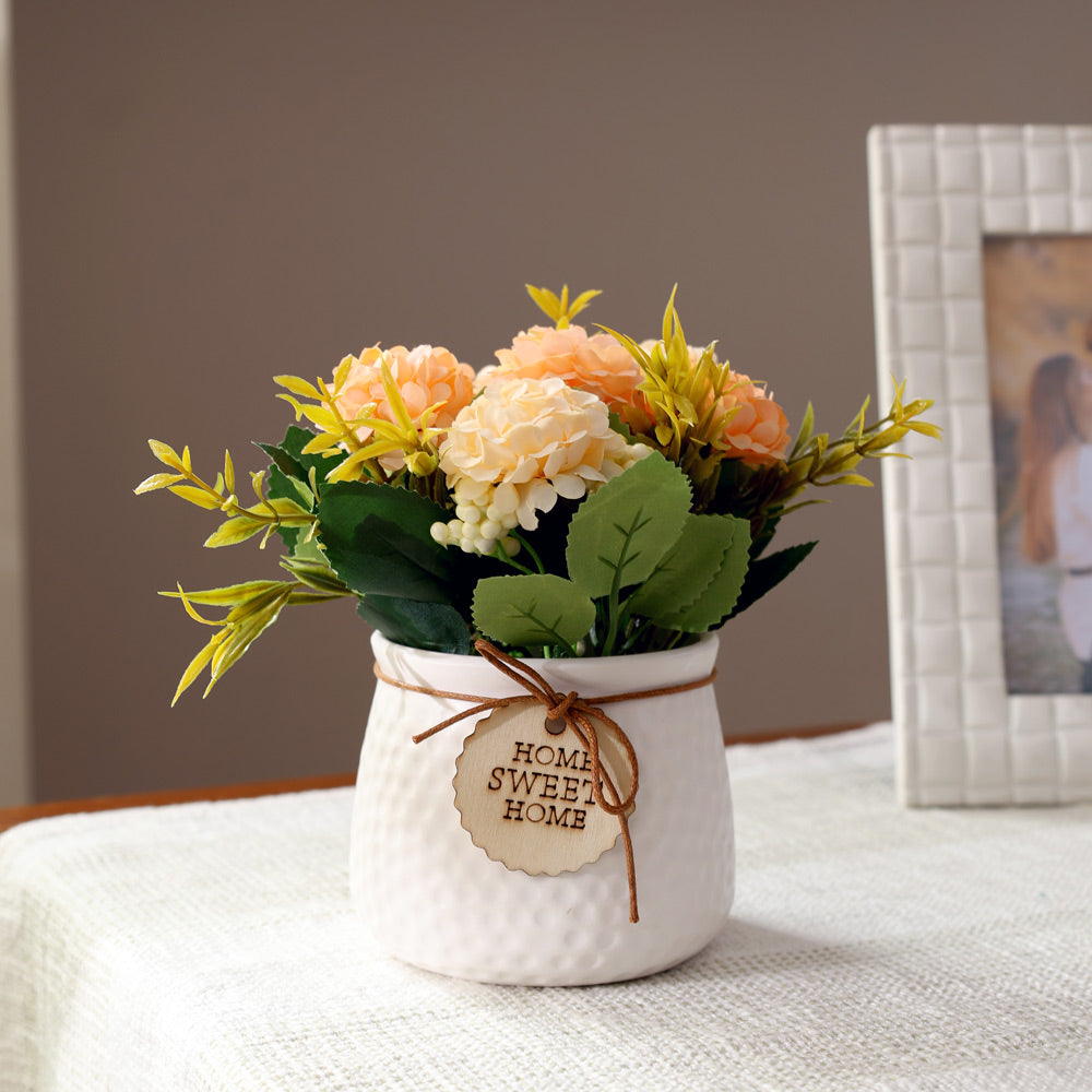 Pebbled Ceramic Planter with Faux Flowers - Peach Hydrangeas