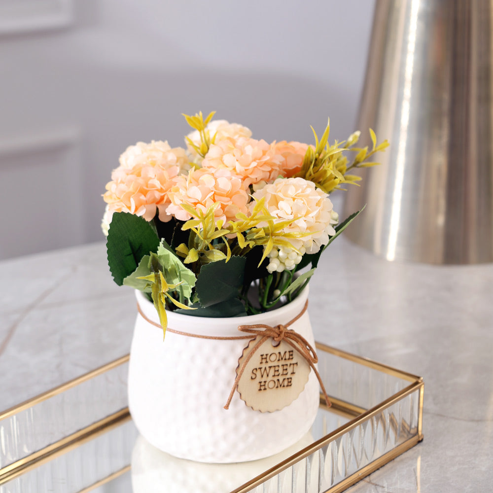 Pebbled Ceramic Planter with Faux Flowers - Peach Hydrangeas
