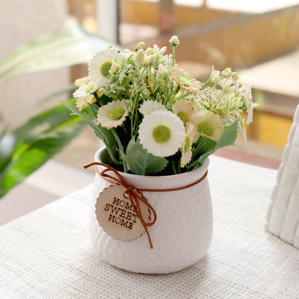 Pebbled Ceramic Planter with Faux Flowers - Sage Daisies