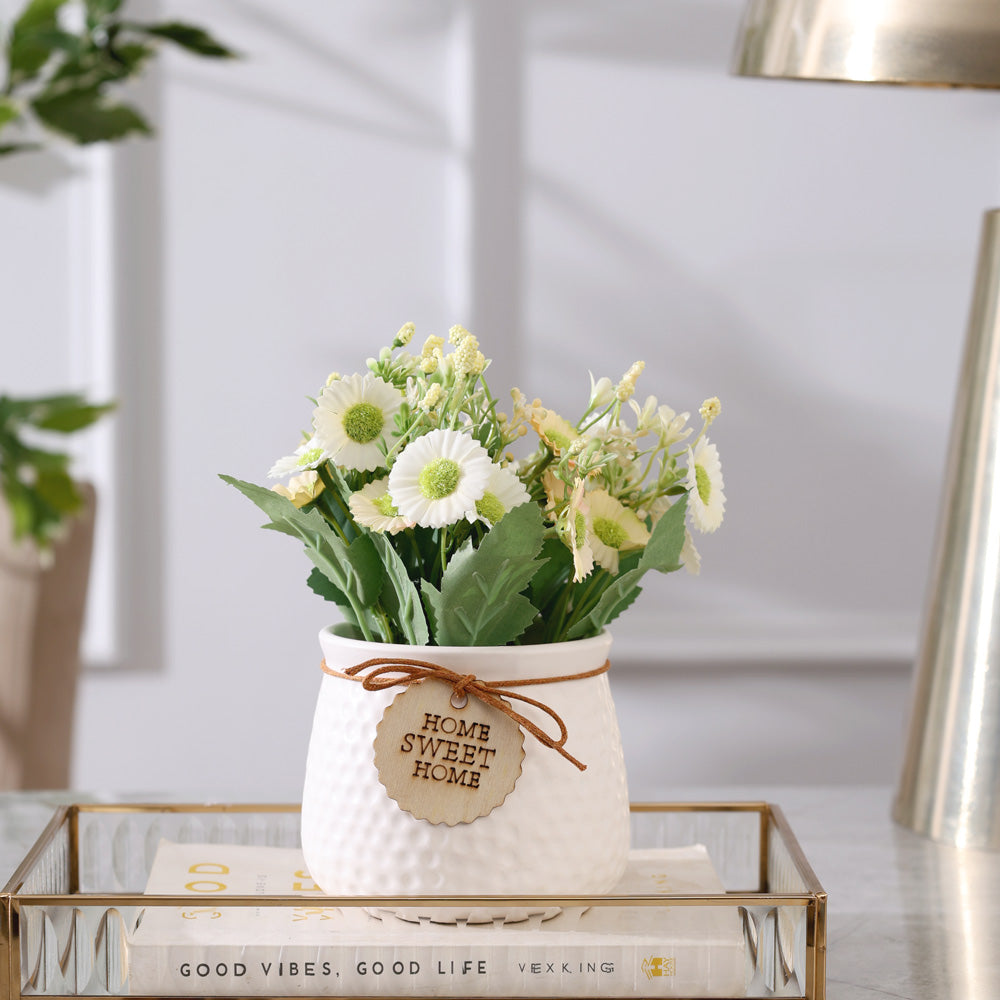 Pebbled Ceramic Planter with Faux Flowers - Sage Daisies