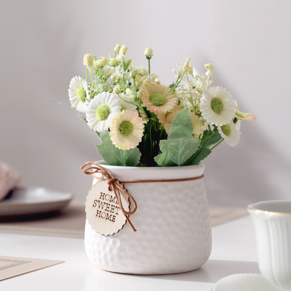Pebbled Ceramic Planter with Faux Flowers - Sage Daisies
