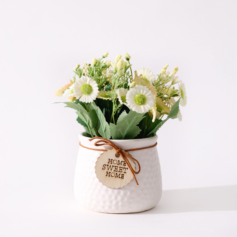 Pebbled Ceramic Planter with Faux Flowers - Sage Daisies
