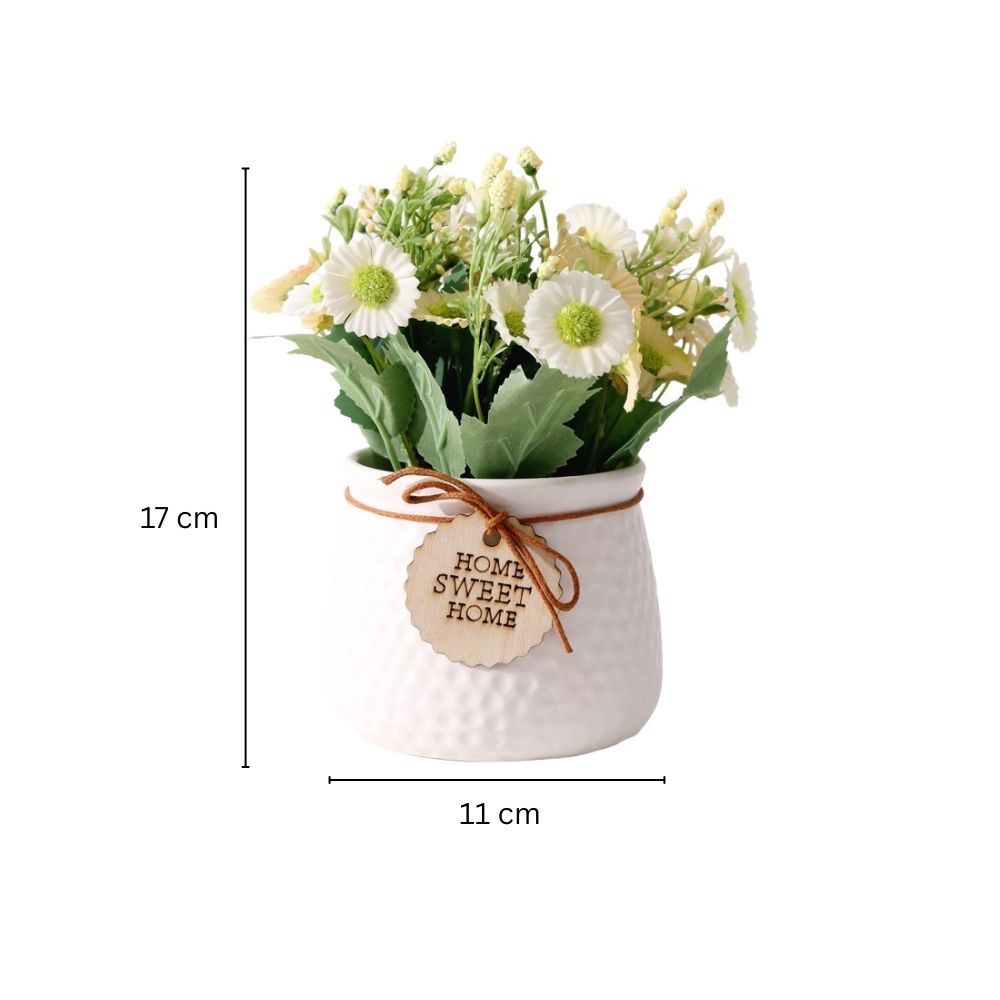 Pebbled Ceramic Planter with Faux Flowers - Sage Daisies