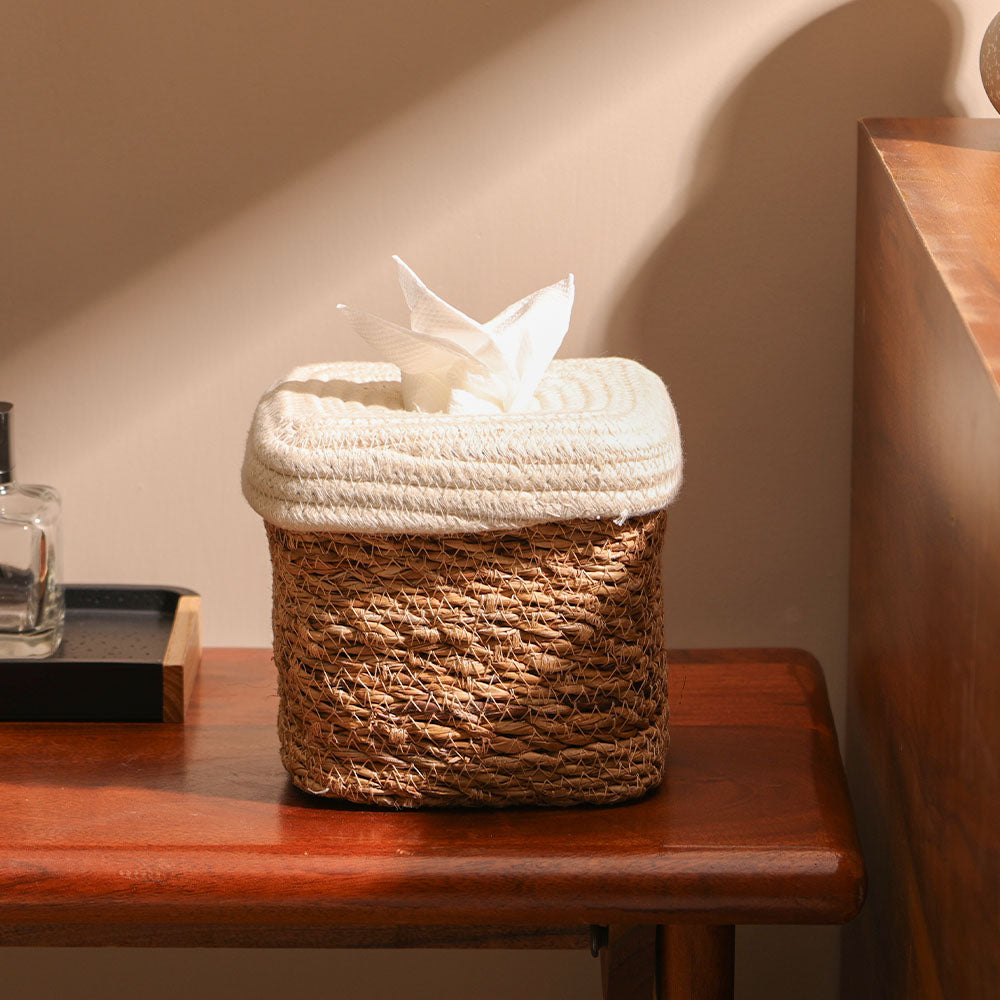 Pela Cotton & Seagrass Square Tissue Box Holder - Natural Cream