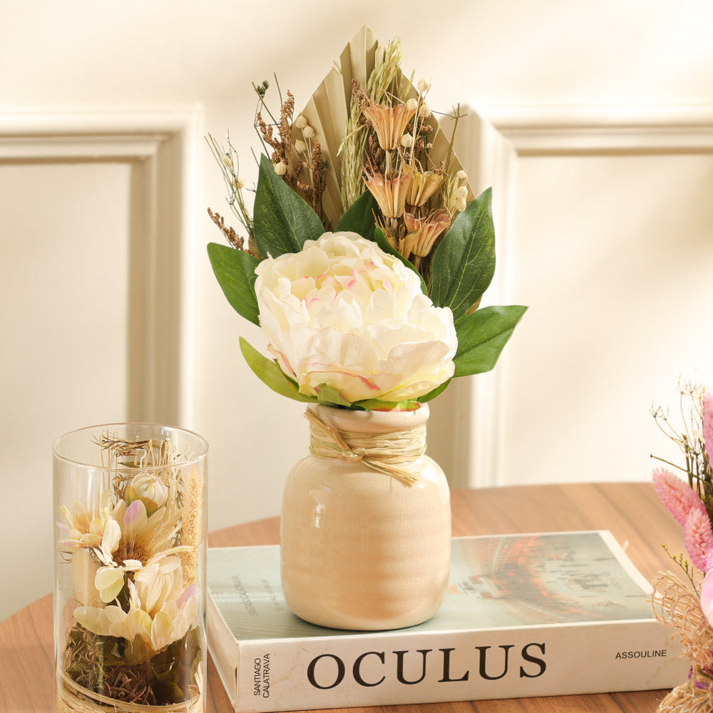 Peony Bouquet in Ceramic Vase - Cream Beige