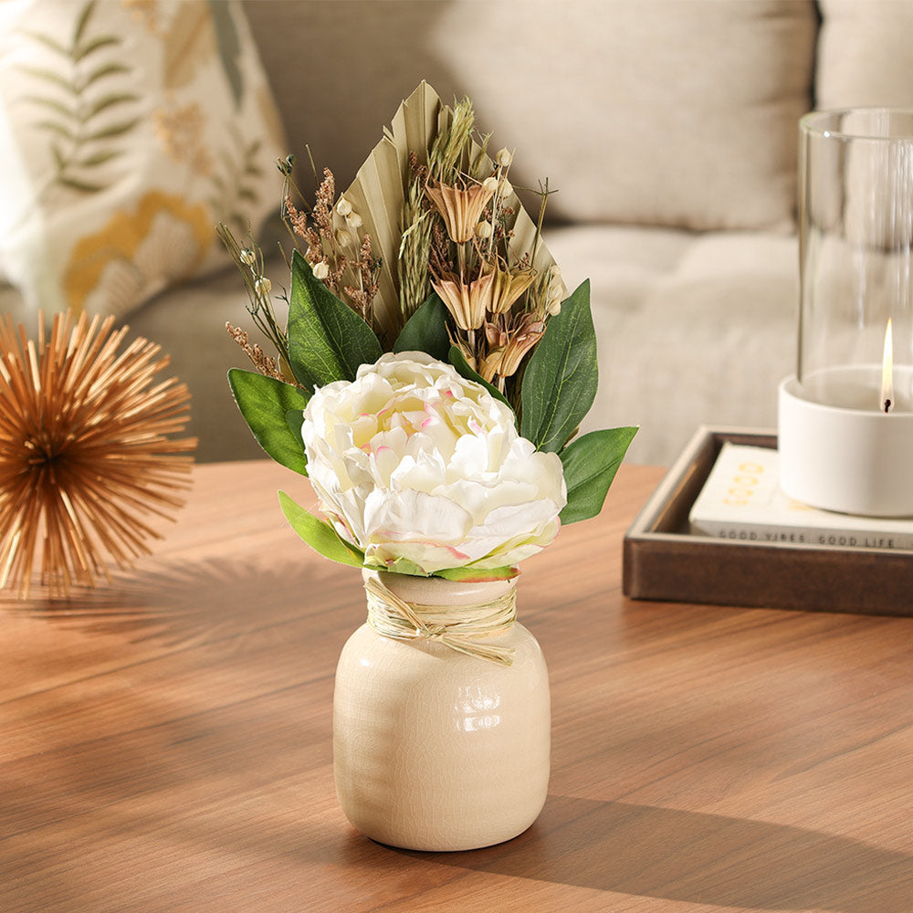 Peony Bouquet in Ceramic Vase - Cream Beige