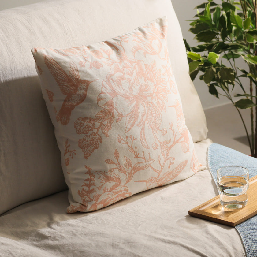 Peony Printed Cotton Cushion Cover 45x45cm - Peach White