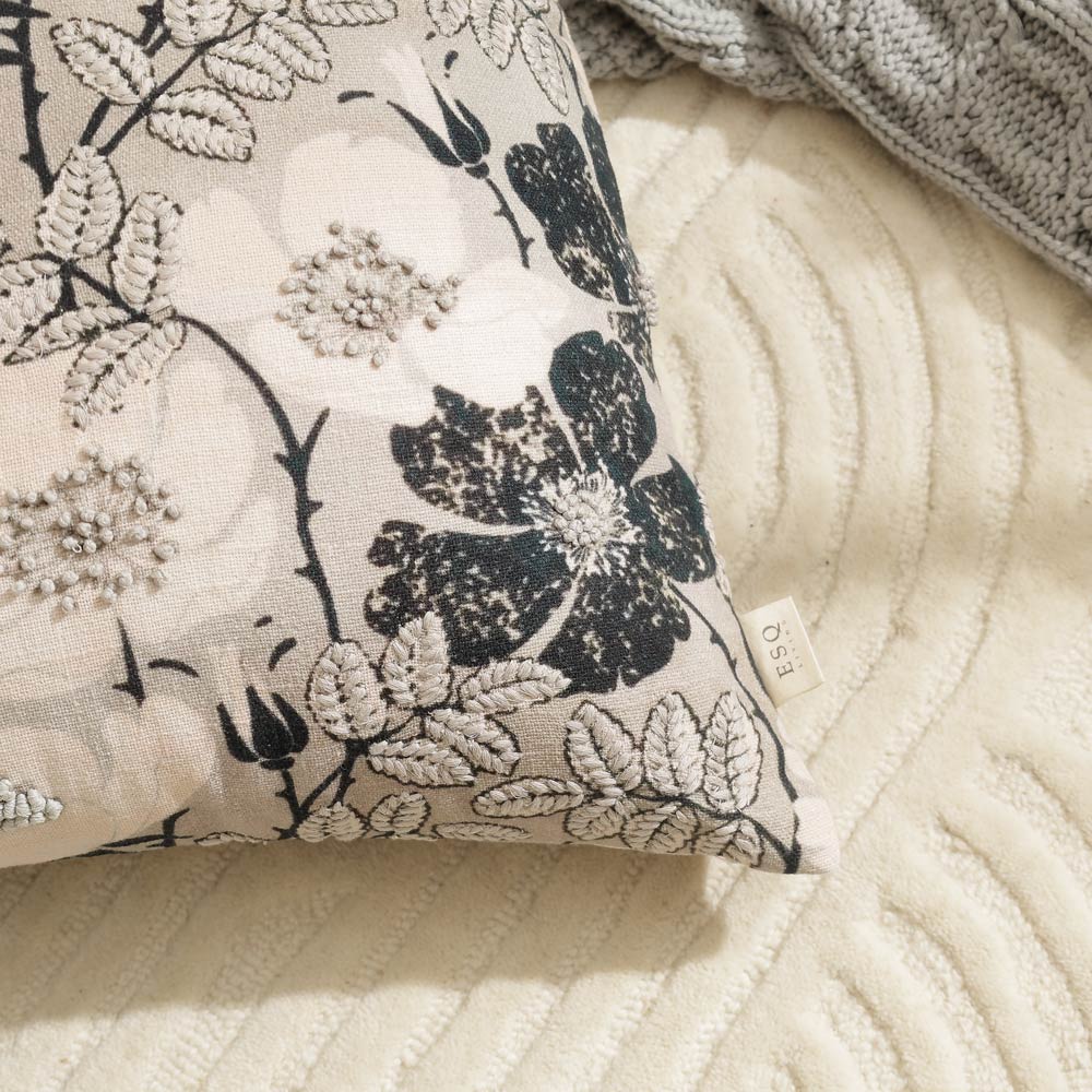 Peony Embroidered Cushion Cover 45x45cm - Monochrome