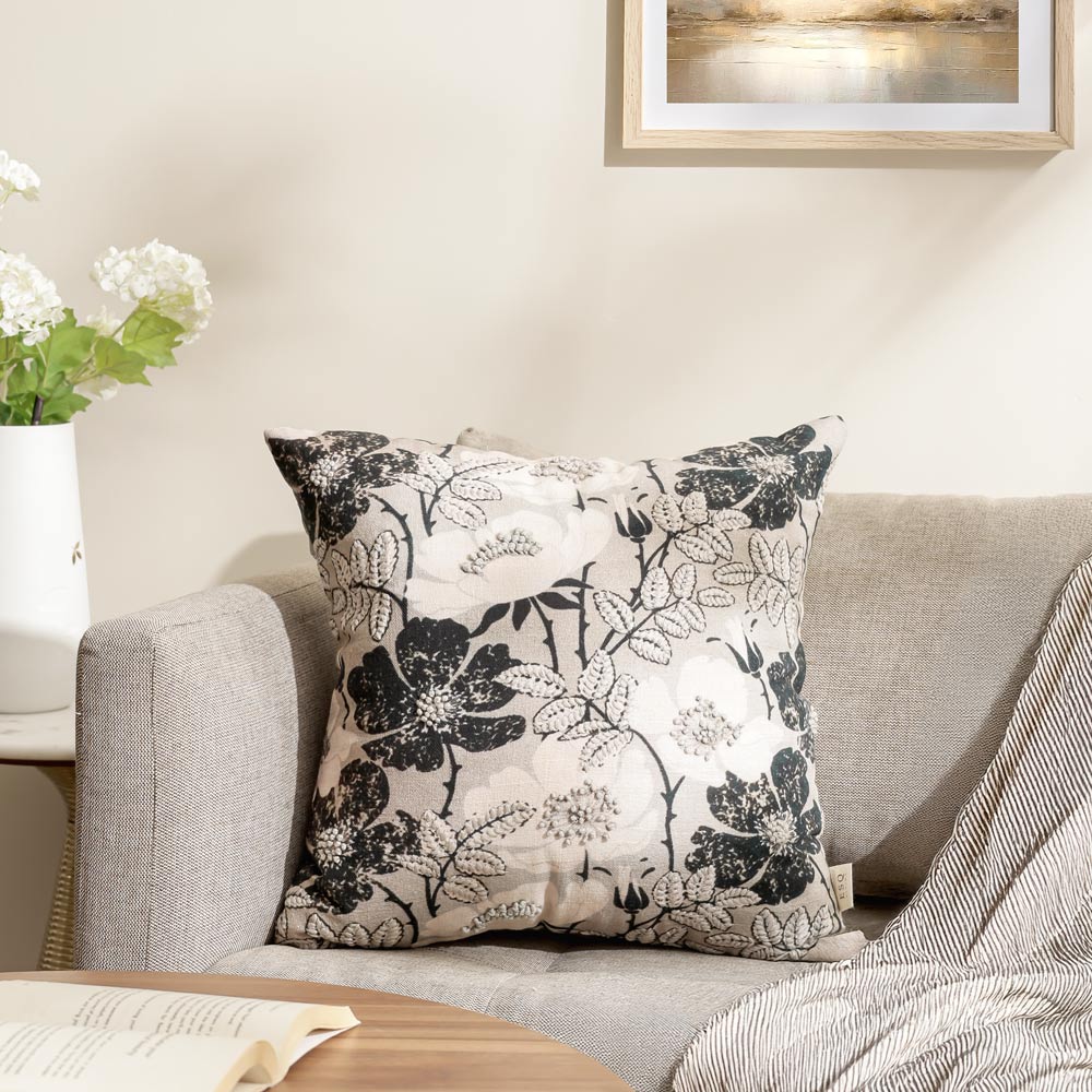 Peony Embroidered Cushion Cover 45x45cm - Monochrome