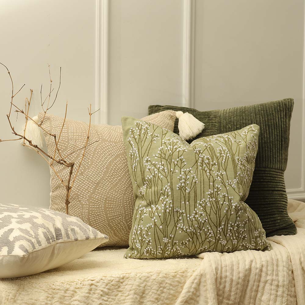 Perfekta Beaded Embroidered Cotton Cushion Cover 45x45cm - Green White
