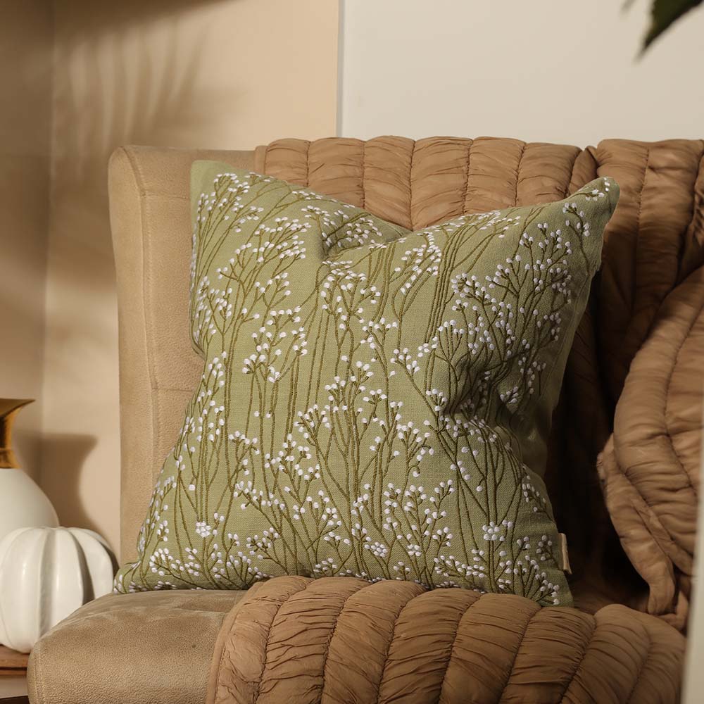 Perfekta Beaded Embroidered Cotton Cushion Cover 45x45cm - Green White