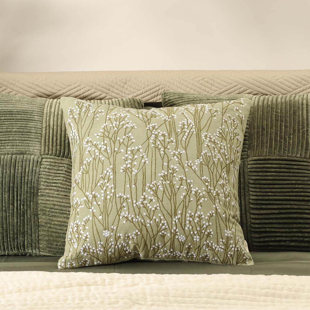 Perfekta Beaded Embroidered Cotton Cushion Cover 45x45cm - Green White