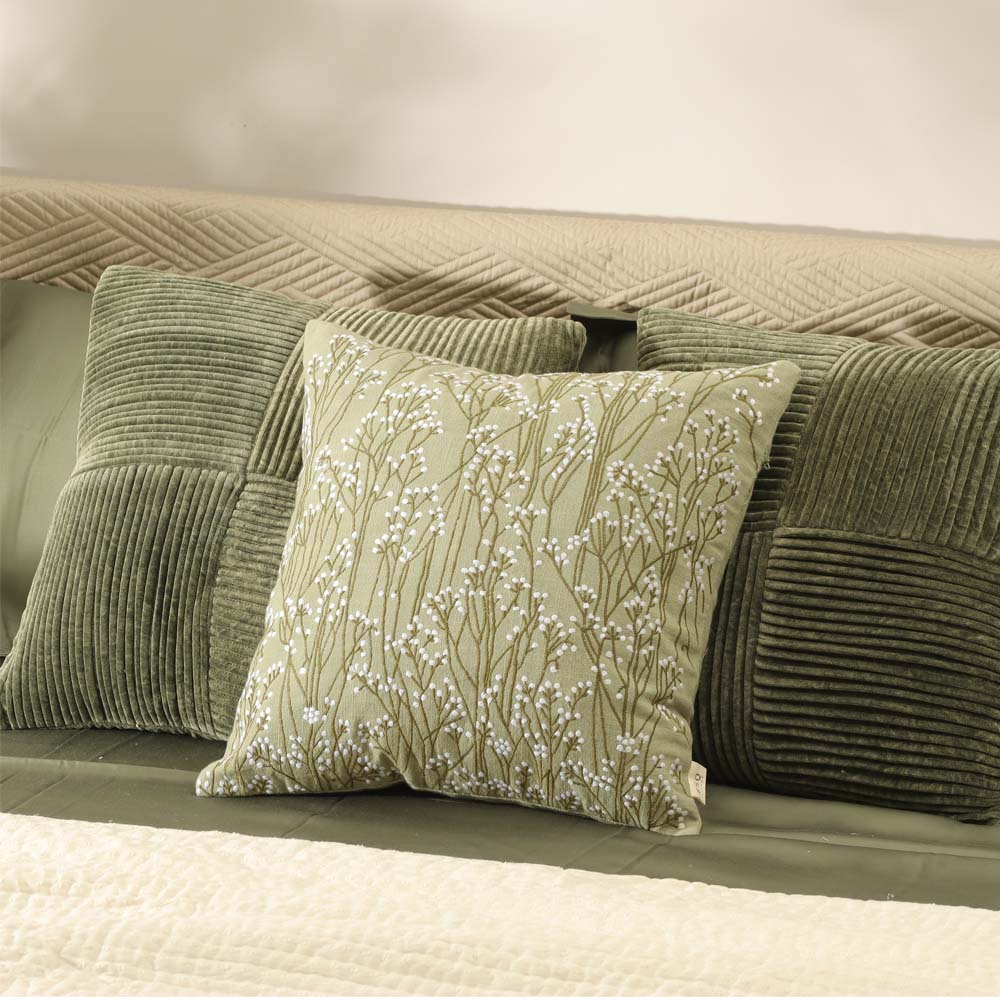 Perfekta Beaded Embroidered Cotton Cushion Cover 45x45cm - Green White