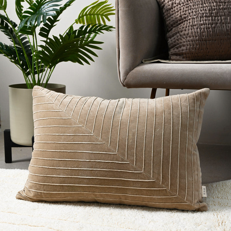 Pinstripe Velvet Textured Rectangular Cushion Cover 60x40cm - Greige