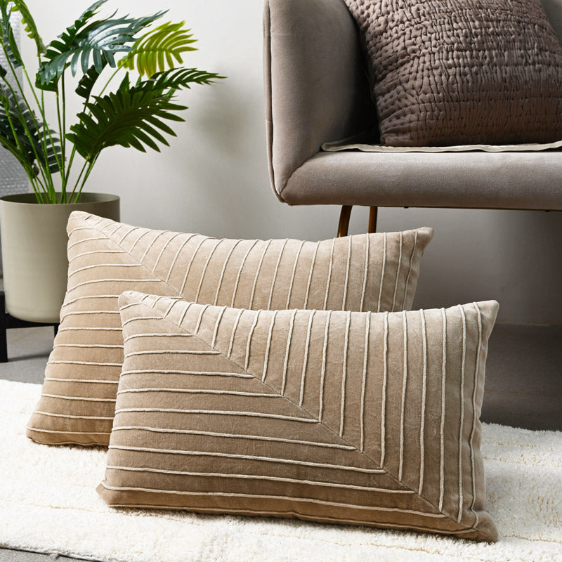 Pinstripe Velvet Textured Rectangular Cushion Cover 60x40cm - Greige
